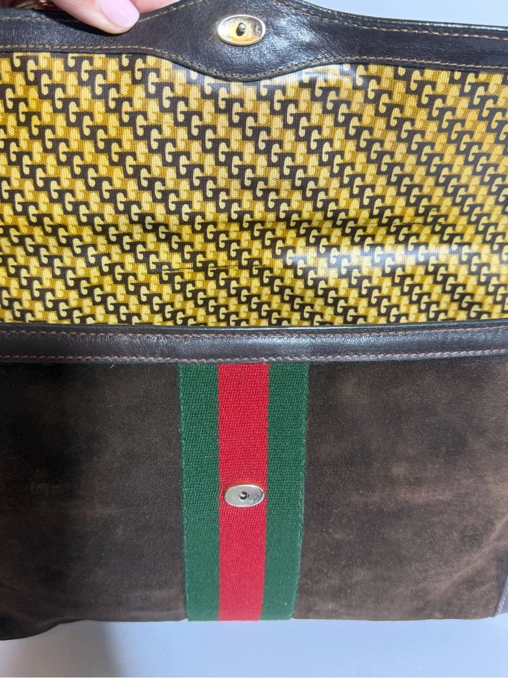 Gucci Brown Suede Clutch Bag with Green and Red Web Stripe